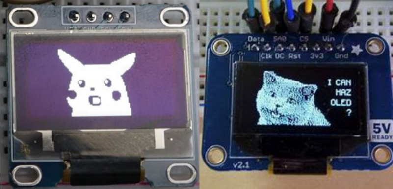 Picture of two OLED screens, one of a surprised pikachu, another of a cat.